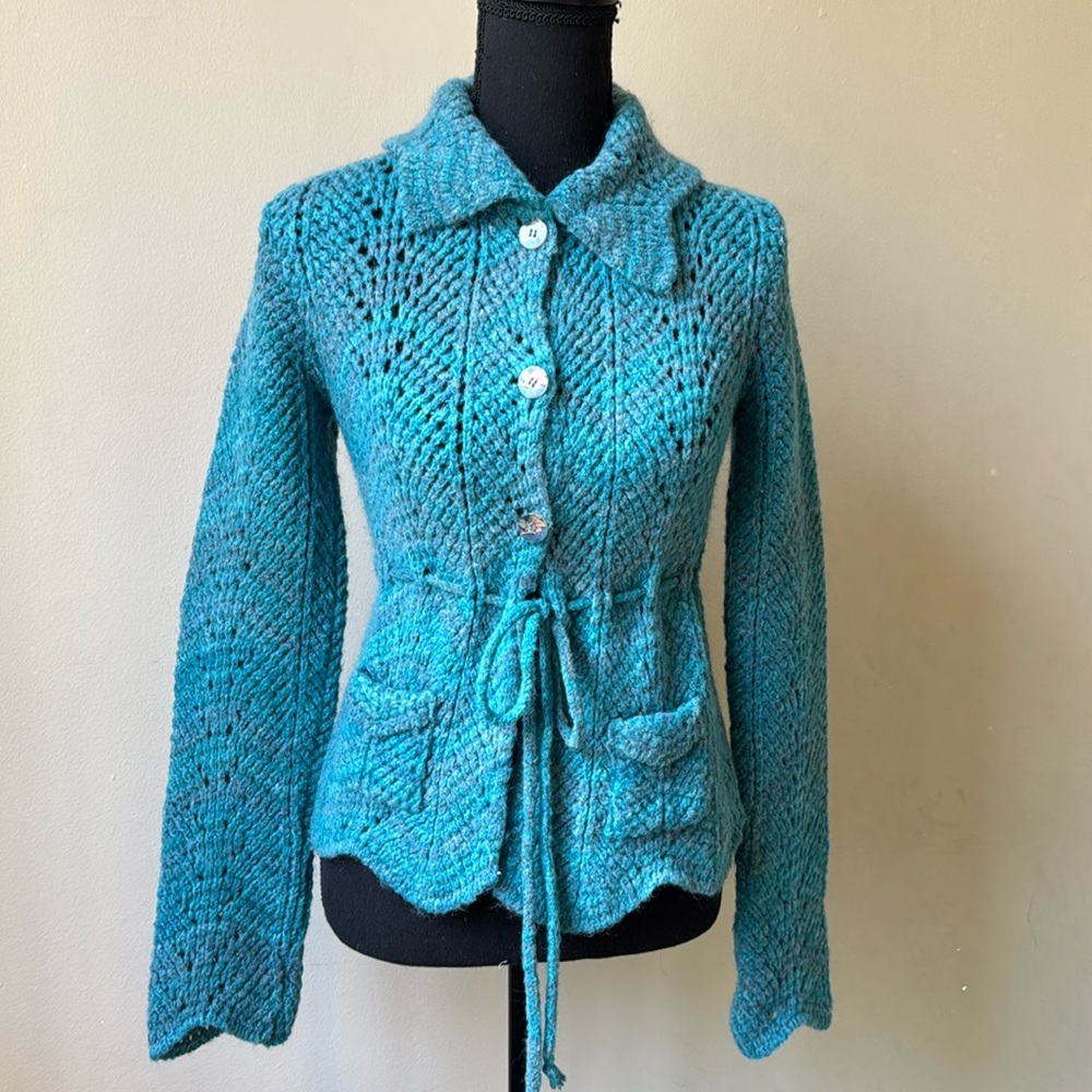 Pinko Turquoise Knitted Wool Cardigan Drawstring Belted Sweater Abalone Buttons